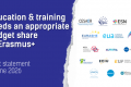Blue and white banner for a joint statement titled “Education & training needs an appropriate budget share in Erasmus+”. The left-hand side features the headline in large white text on a blue gradient background, with “Joint statement, 2 June 2026” below. The right-hand side displays a column of logos from European higher education and student organisations, including CESAER, ESN, ESU, EURASHE, EUA (European University Association), The Guild, ACA, AURORA, DAAD, ECIU, EUF, UNICA, UNIMED and YERUN. 
